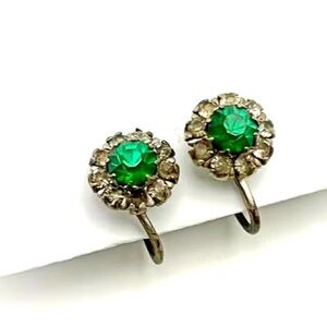 Vintage Earrings MCM Sterling Silver 925 Green and Clear Rhinestone Screw Back